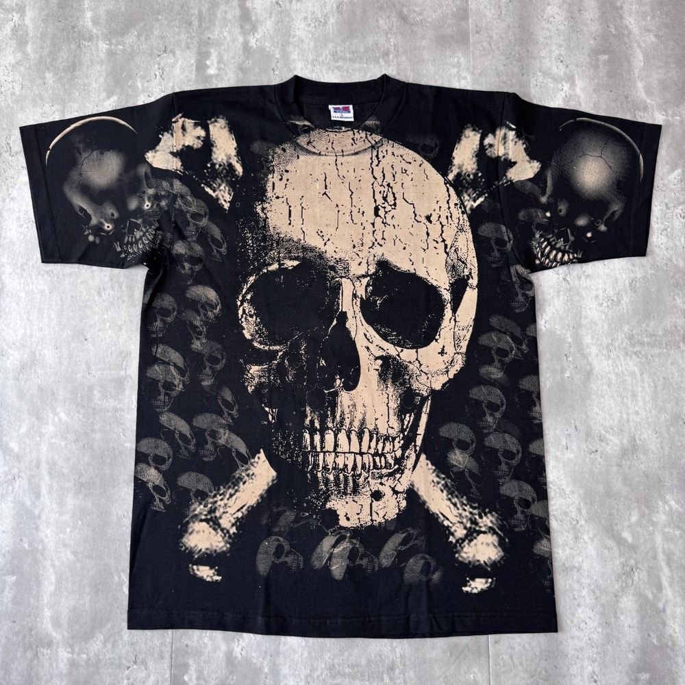 Vintage Skull and Bones T-Shirt Mens L AOP Biker Goth Punk Mexican Bootleg - Picture 2 of 7